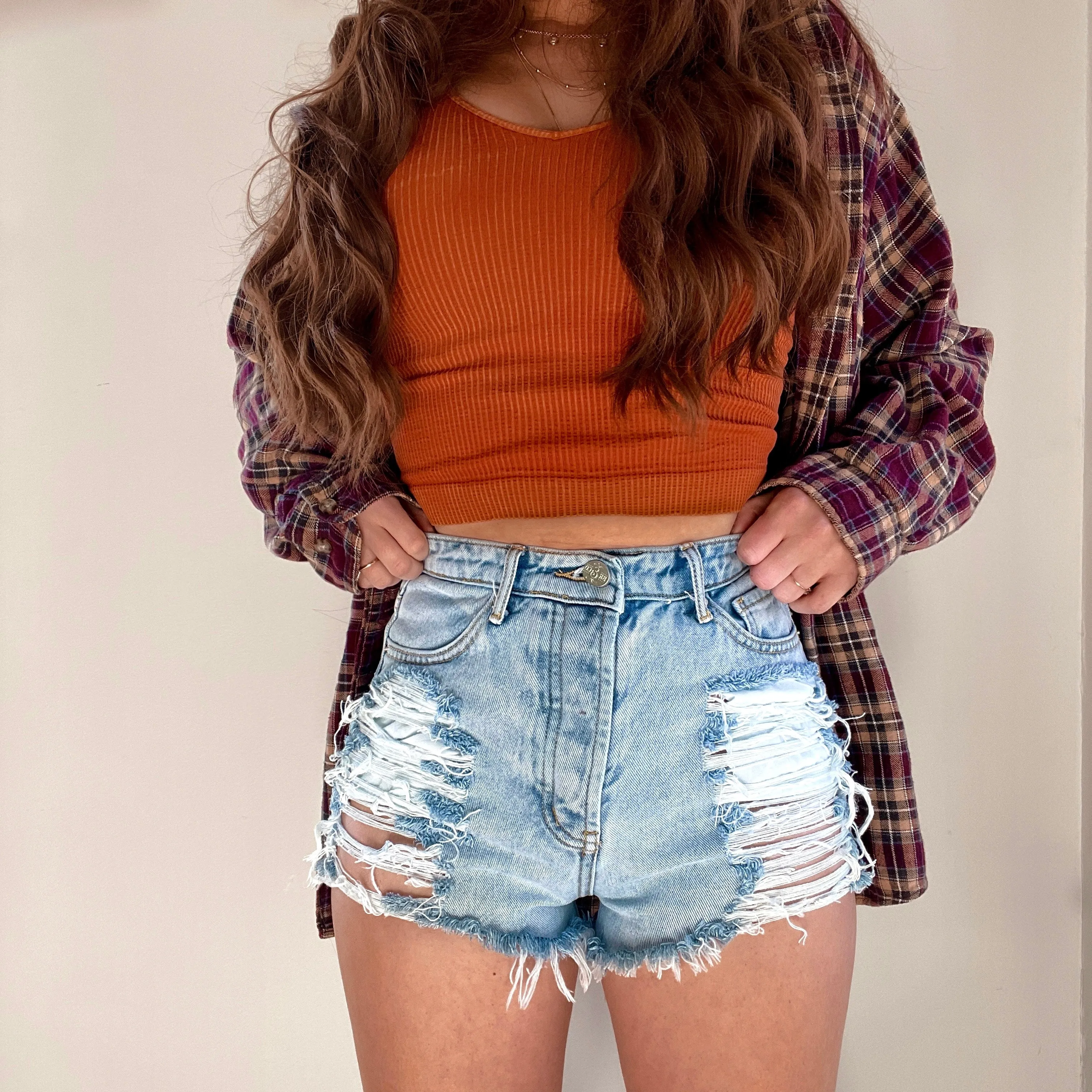 Shredded Distressed High Waisted Denim Shorts  - The Lila