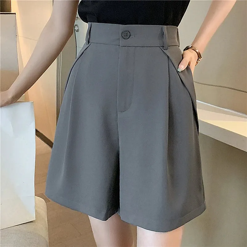 Solid Waist Women's Casual Shorts 2024 Elegant Minimalism Straight Loose Trousers Suit Shorts