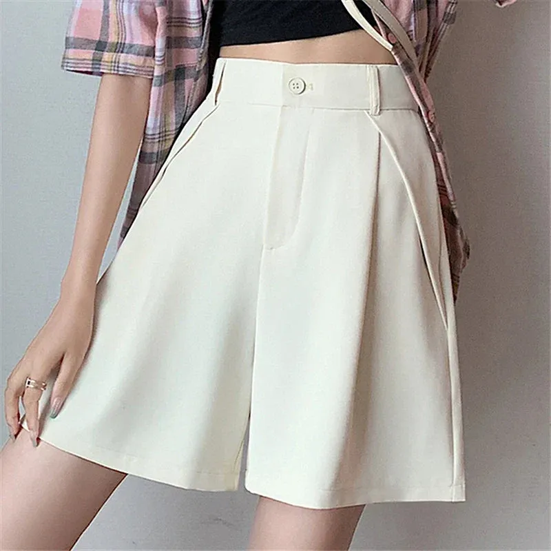 Solid Waist Women's Casual Shorts 2024 Elegant Minimalism Straight Loose Trousers Suit Shorts