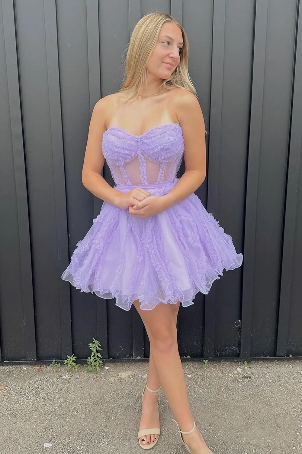 Trendy A-Line Fuchsia Tulle Corset Homecoming Dress Semi Formal Dresses