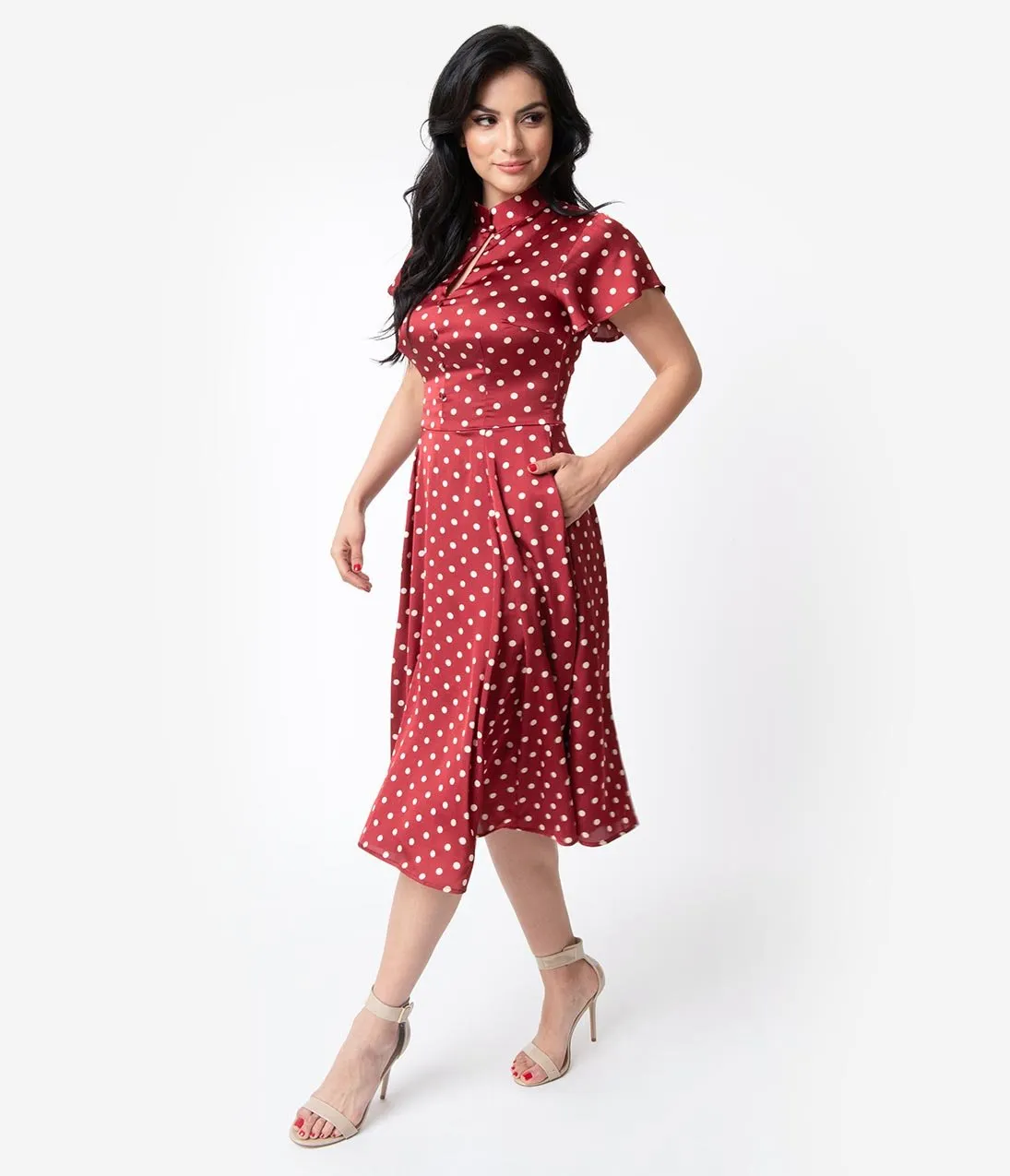 Unique Vintage 1950s Red & Ivory Polka Dot Baltimore Swing Dress