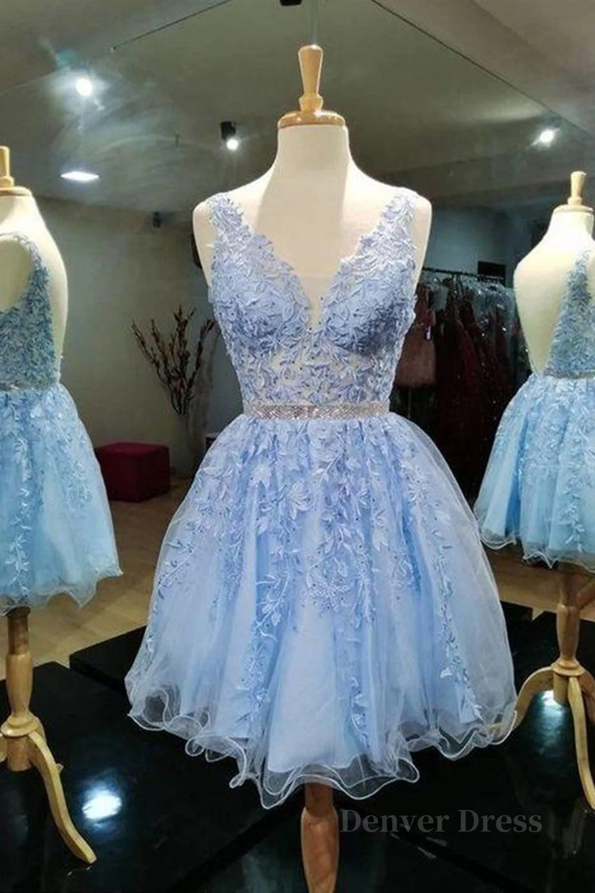 V Neck Short Blue Lace Prom Dresses Short Blue Lace Formal Homecoming Dresses