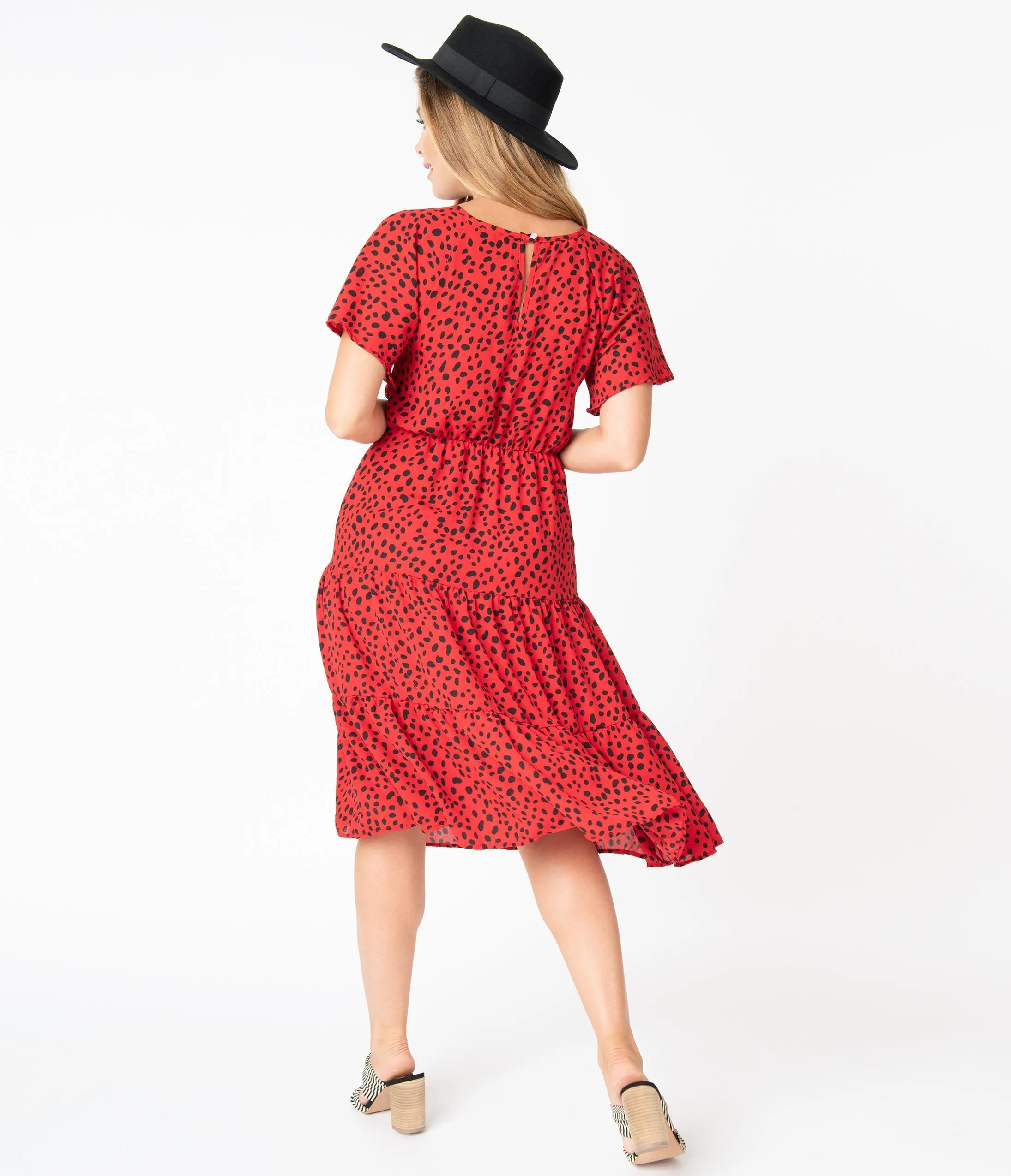 Vintage Style Red & Black Speckled Tiered Dress