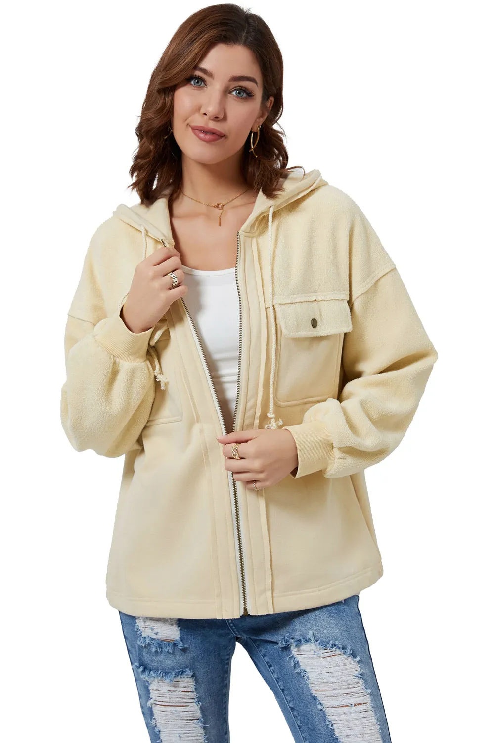 Women's Flap Pocket Drawstring Hooded Zip Up Jacket