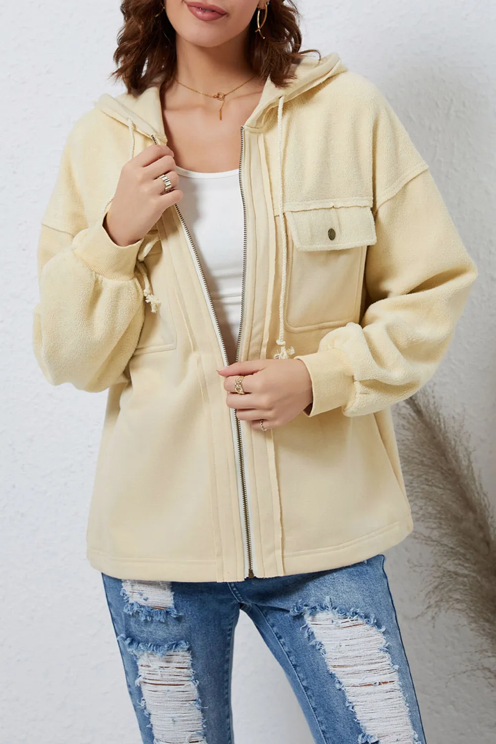 Women's Flap Pocket Drawstring Hooded Zip Up Jacket