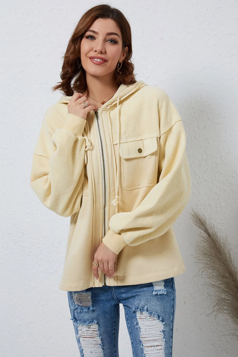 Women's Flap Pocket Drawstring Hooded Zip Up Jacket