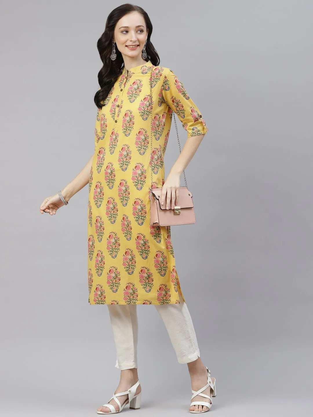 Women'S Yellow Floral Cotton Straight Kurti