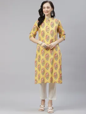 Women'S Yellow Floral Cotton Straight Kurti