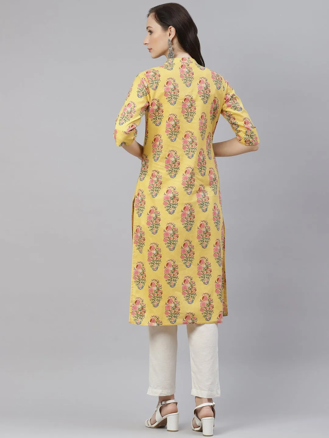 Women'S Yellow Floral Cotton Straight Kurti