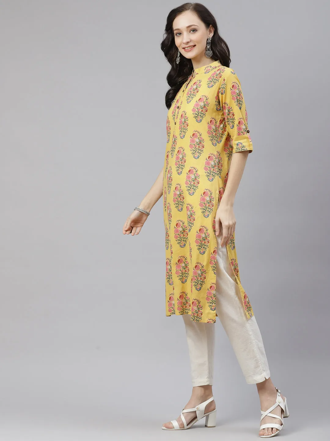 Women'S Yellow Floral Cotton Straight Kurti