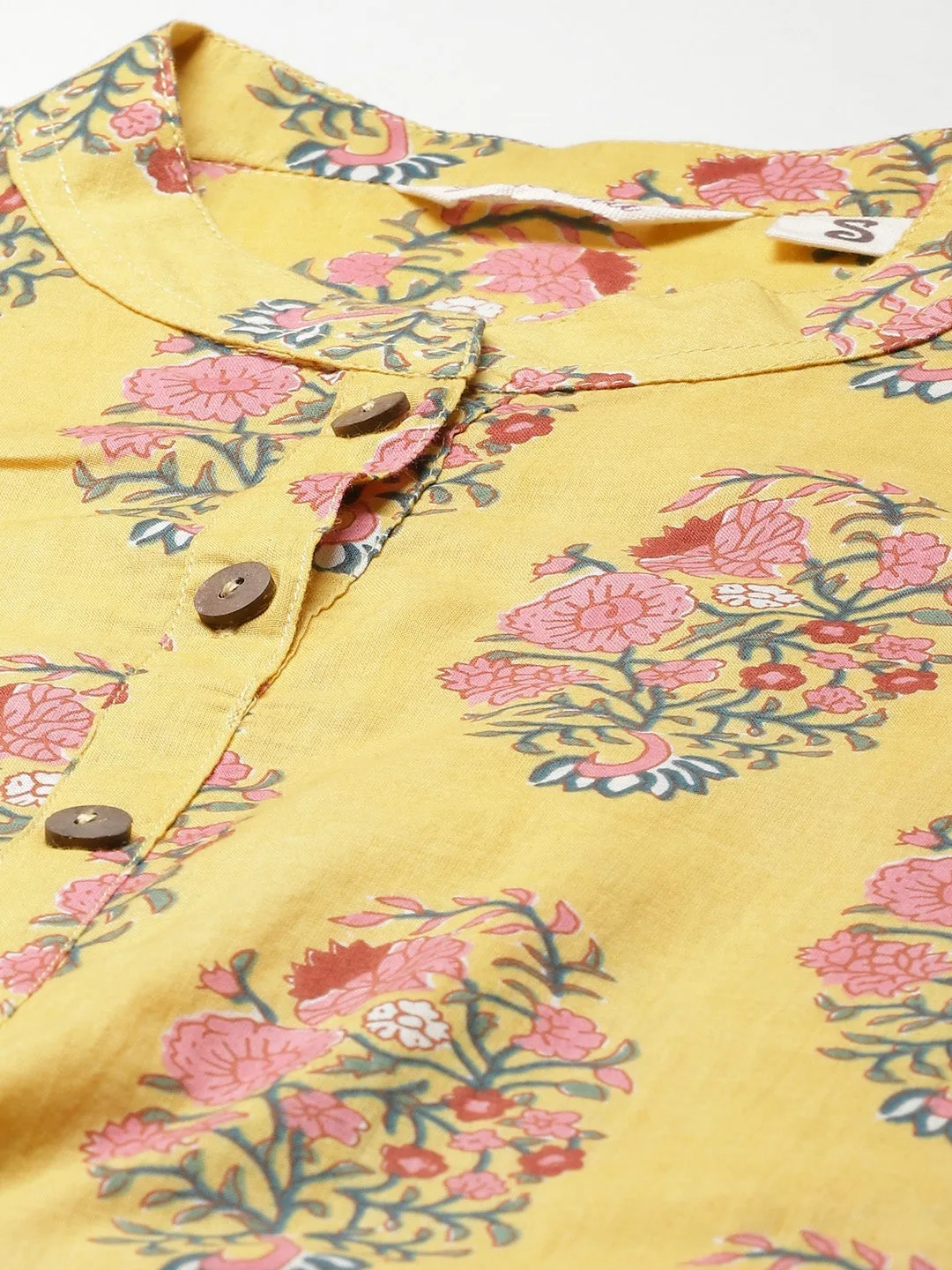 Women'S Yellow Floral Cotton Straight Kurti