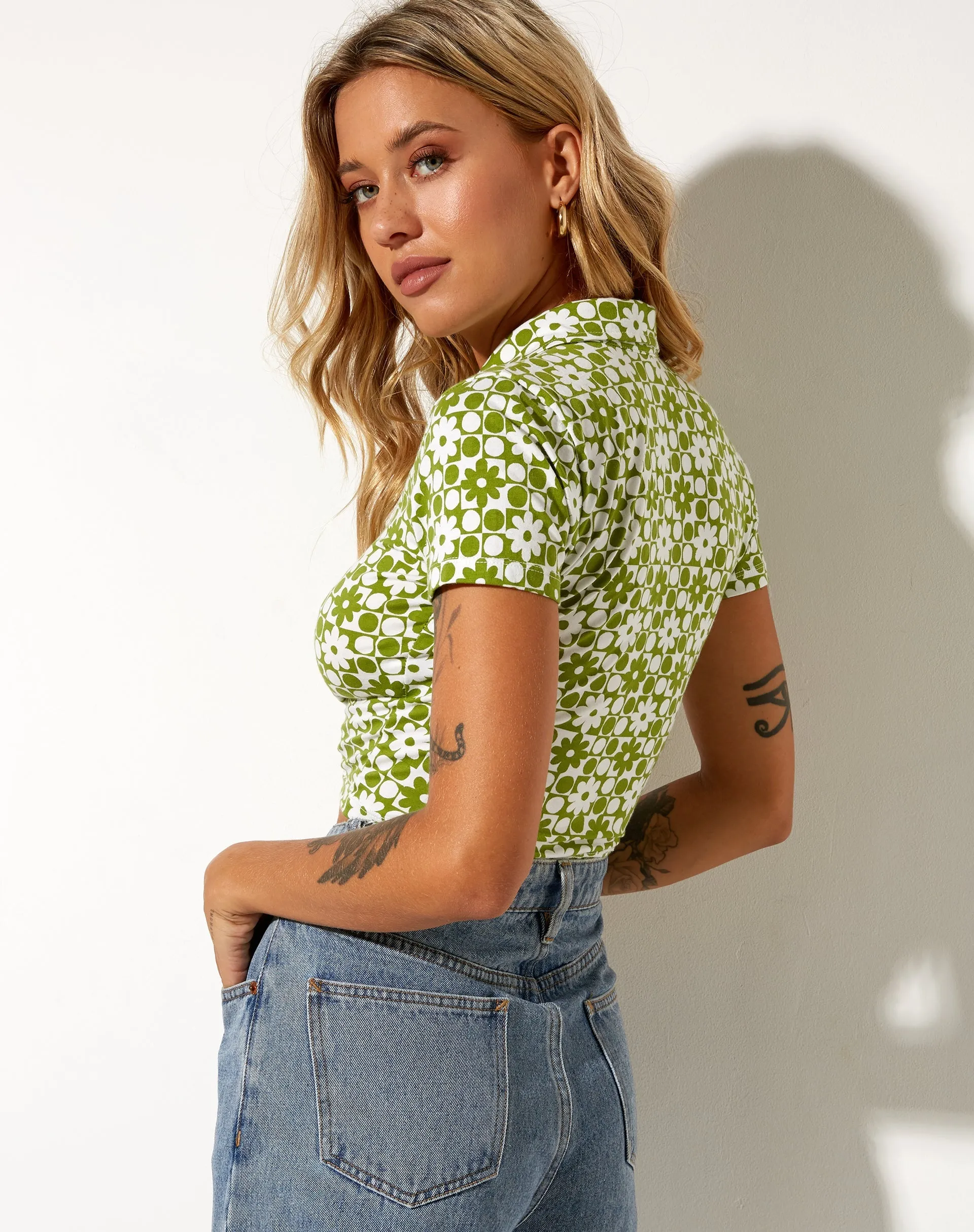 Wuma Cropped Shirt in Patchwork Daisy Green