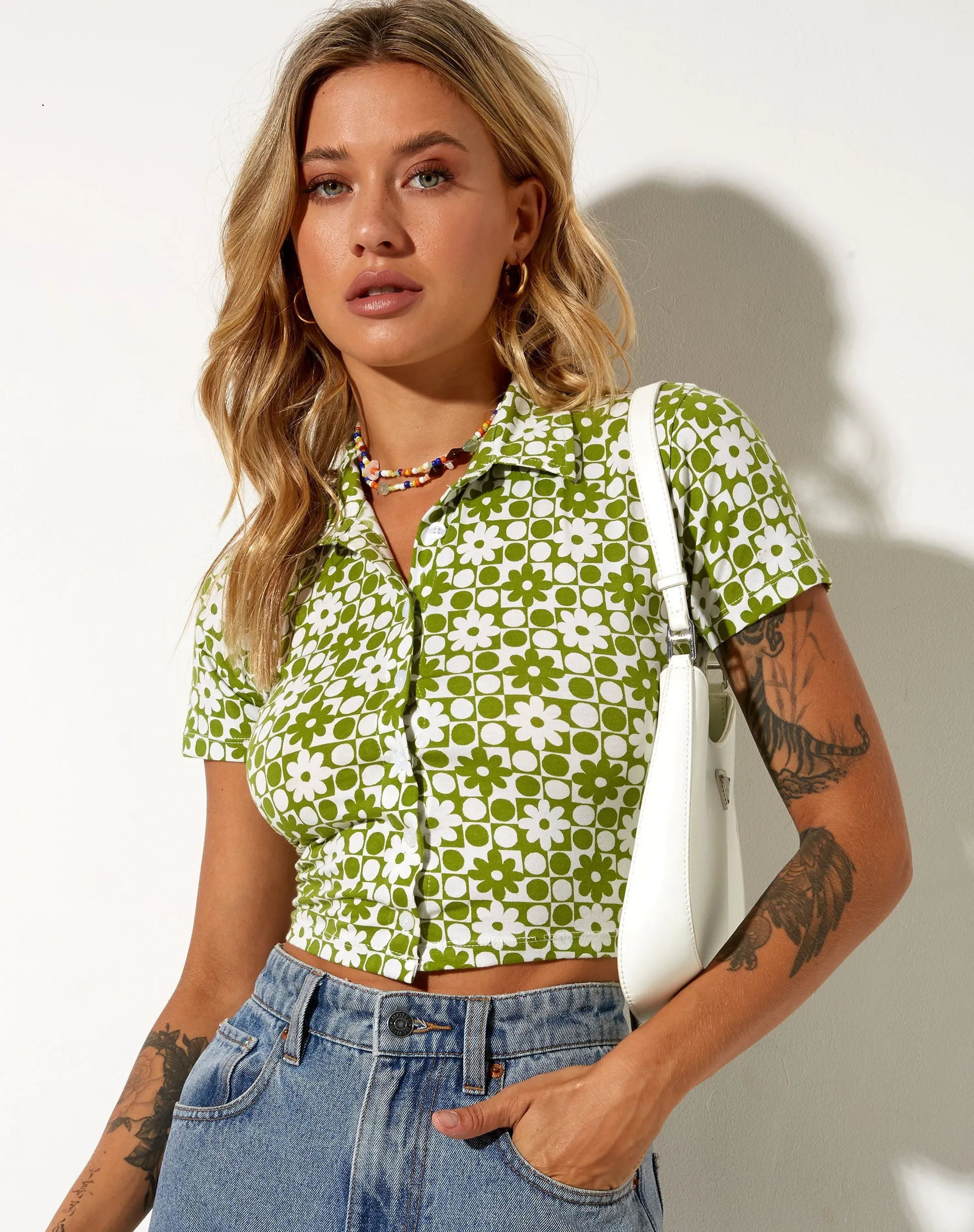 Wuma Cropped Shirt in Patchwork Daisy Green