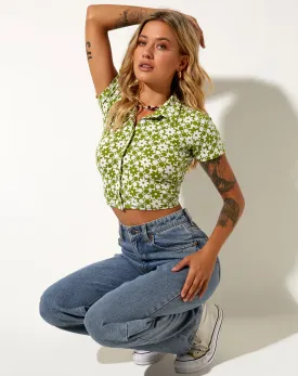 Wuma Cropped Shirt in Patchwork Daisy Green