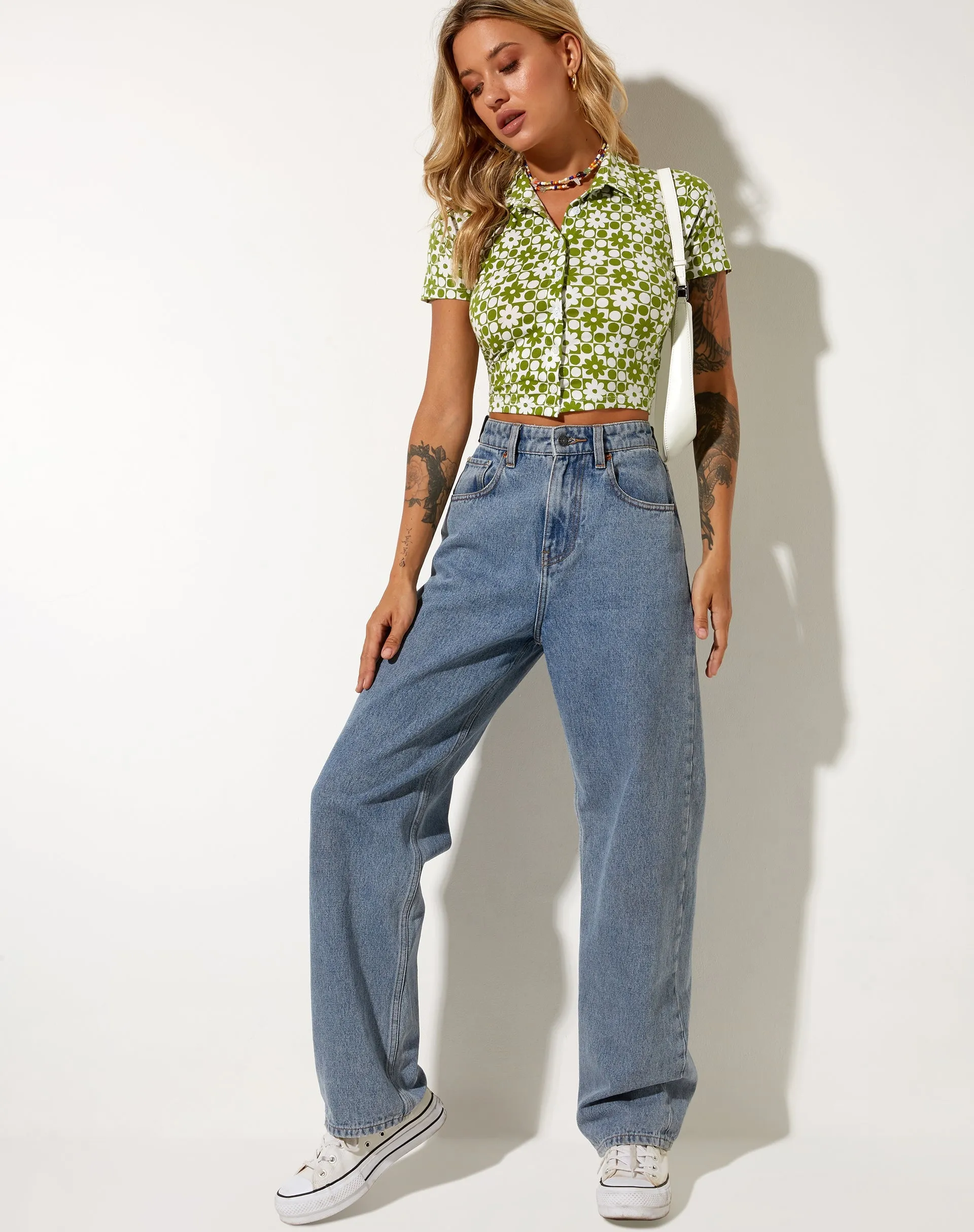 Wuma Cropped Shirt in Patchwork Daisy Green